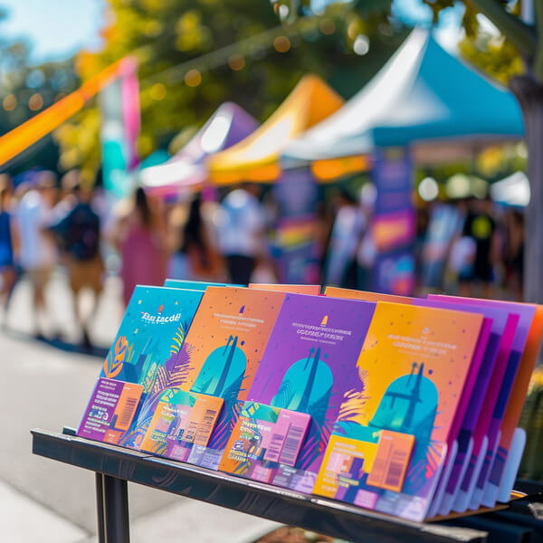 Brochures colorées de divers formats servant de programmes d'événement