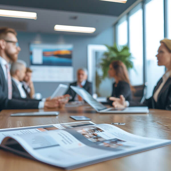 Brochure professionnelle imprimée au format rapport d’entreprise sur une table de conférence