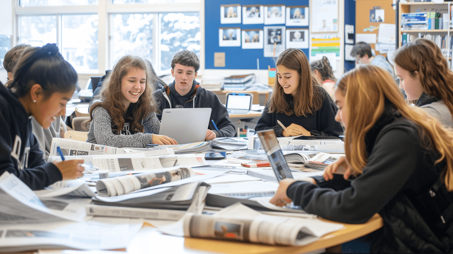 Des élèves travaillent ensemble sur leur propre journal de fin d’études