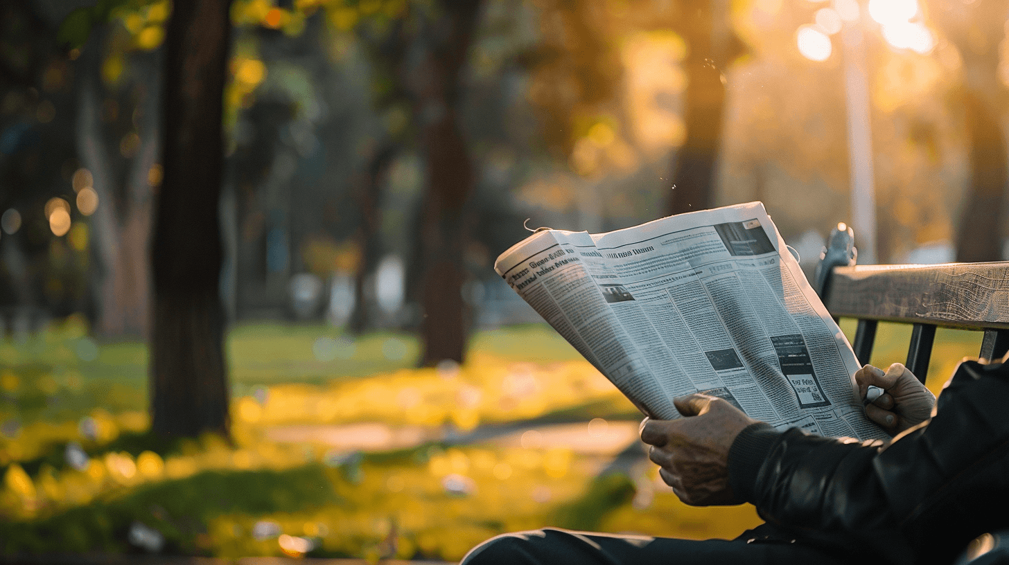 Lecteurs dans le parc avec un grand journal en broadsheet traditionnel