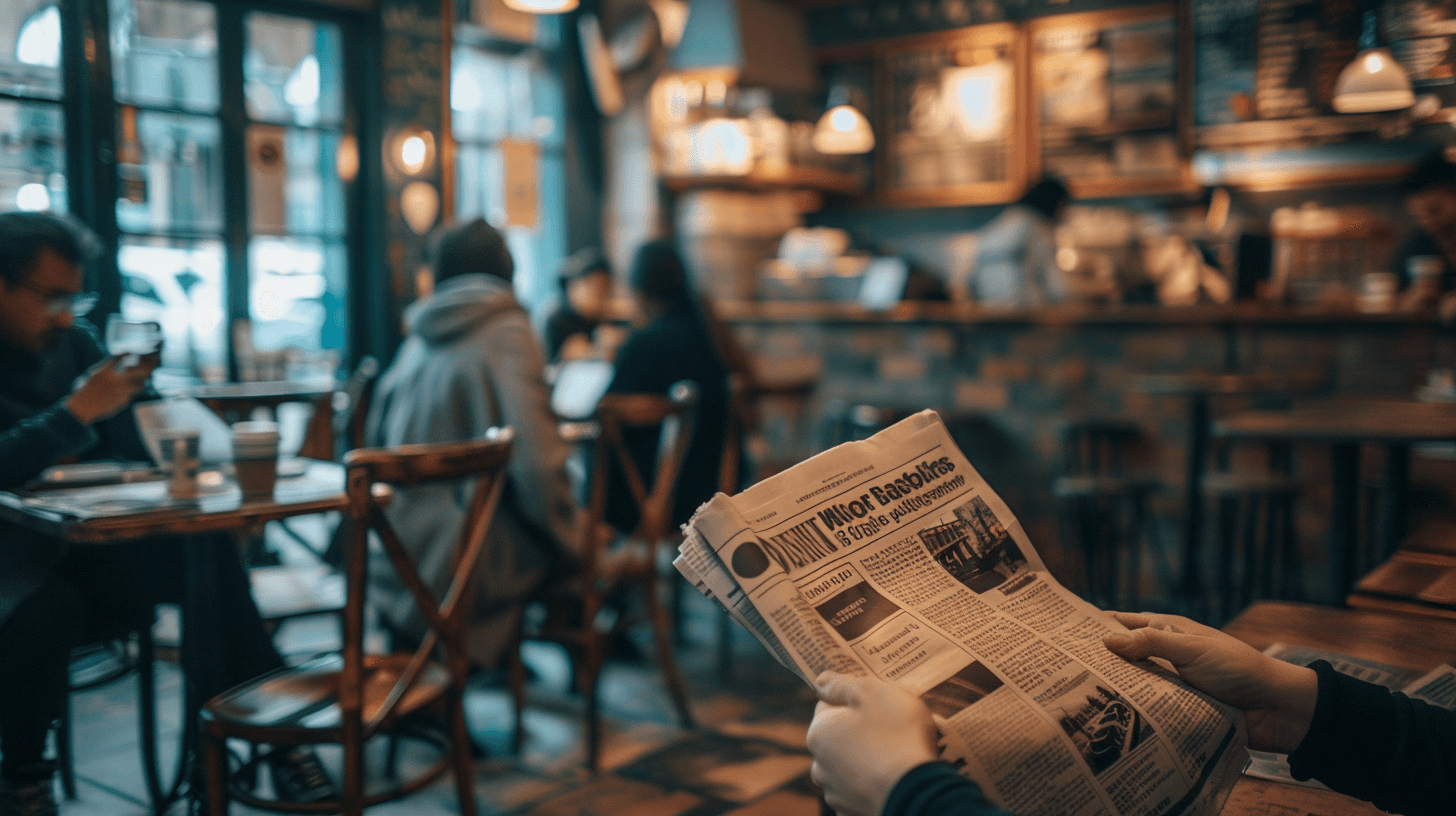 Lecteur dans un café avec un journal au format tabloïd pratique