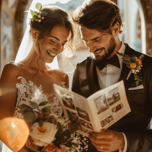 Jeune couple heureux avec leur journal de mariage personnalisé
