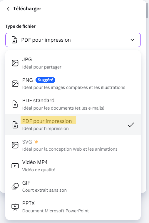 Sélectionner l’impression PDF pour le journal dans Canva