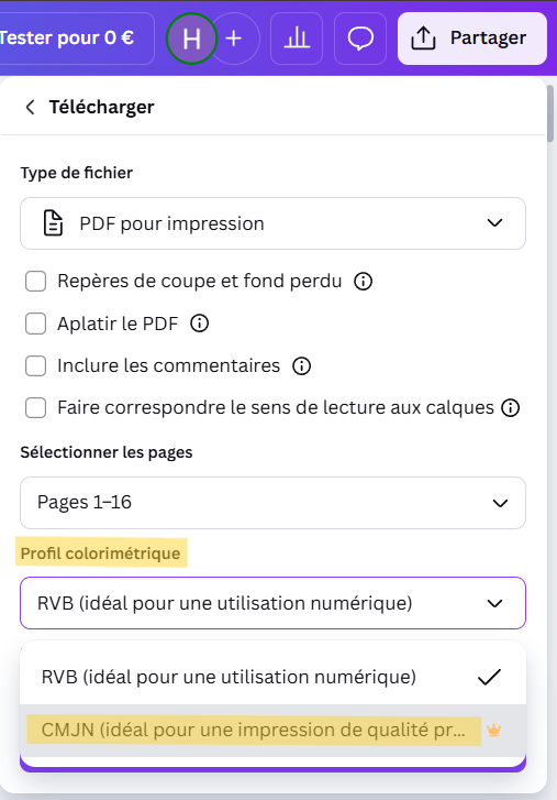 Sélectionner le profil de couleur CMJN pour l'impression du journal dans Canva