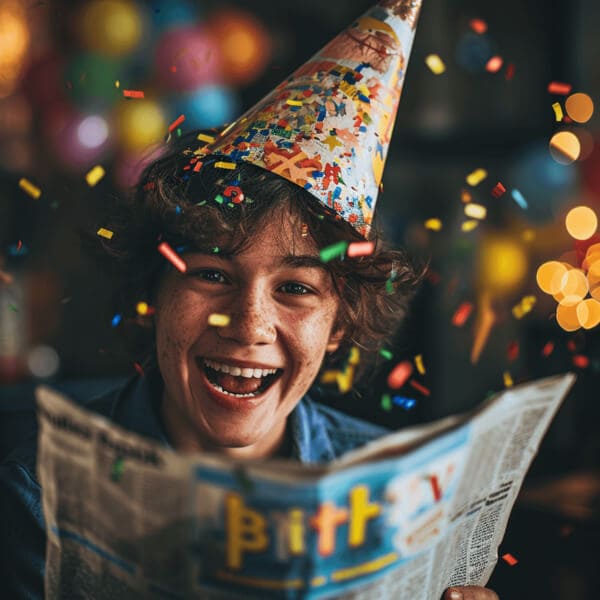 Enfant souriant avec un journal d’anniversaire fait maison