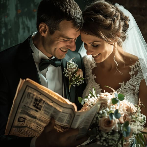 Jeune couple marié heureux avec leur journal de mariage personnalisé