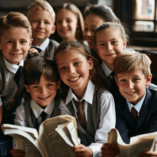 Classe d’élèves fière de ses journaux scolaires personnalisés